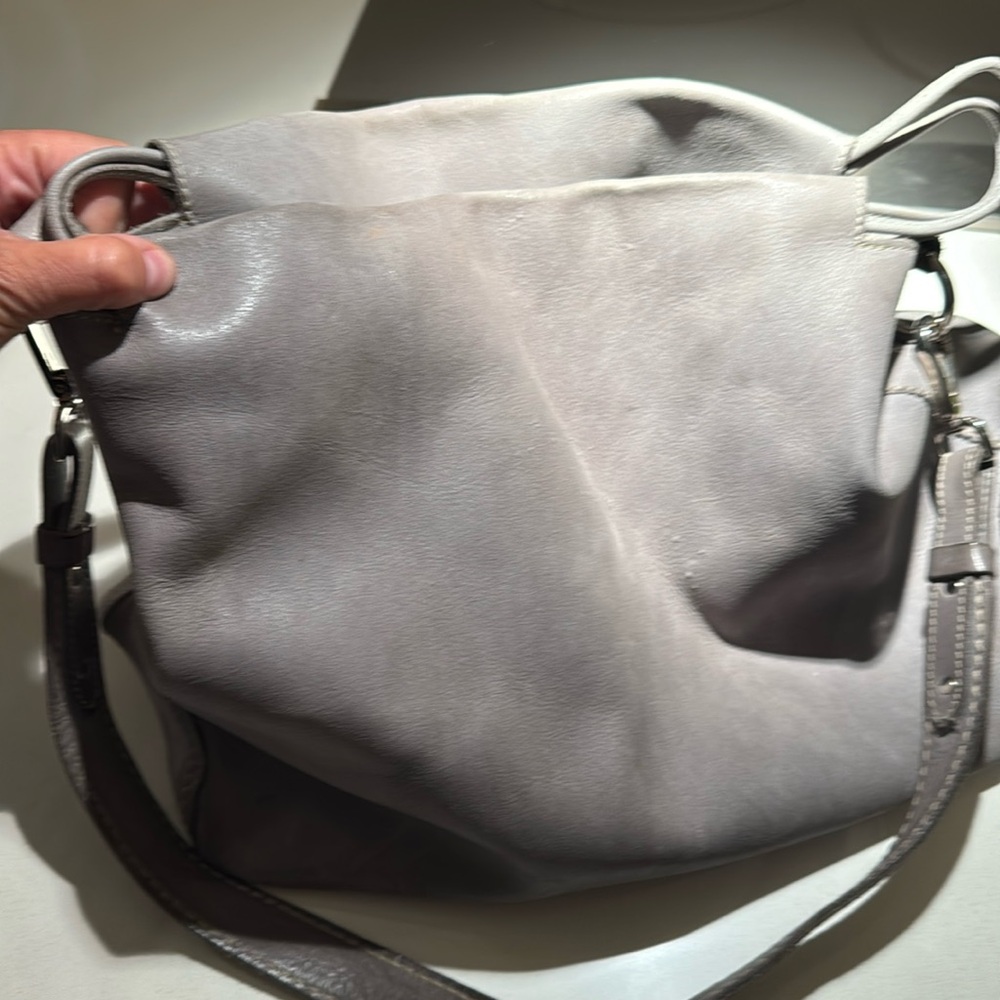 Roots - grey large leather shoulder or cross body handbag or light weekender.